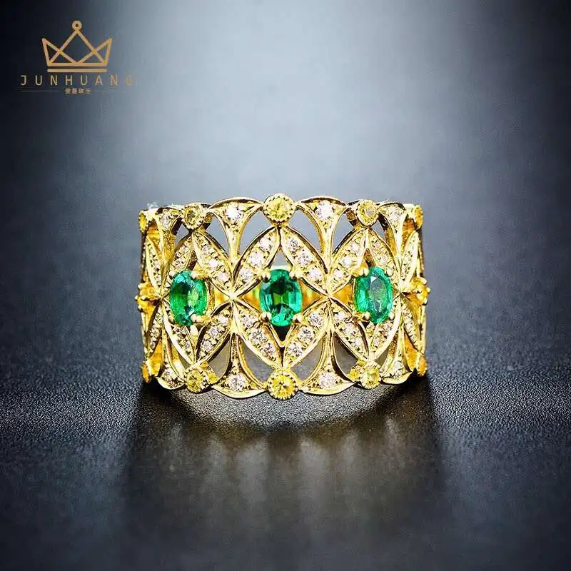 

Natural green emerald gem Ring S925 Silver Natural Gemstone Ring Fashion crown wide Row geometry Women girl wedding gift Jewelry