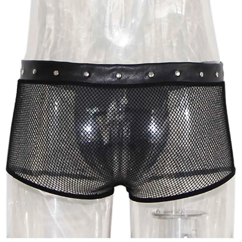 Erotic Lingerie For Mens Underpants Black Leather Fishnet Boxer Shorts Men’s Underwear Gay Fetish Punk Stud Zipper Sexy Boxer   (4)