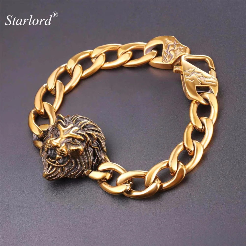Starlord Lion Head Men Bracelet Stainless Steel/Gold Color 20/23CM Hip Hop Lion Jewelry Solid Cuban Link Bracelet For Men GH2554 delicate lion head shape ring for men