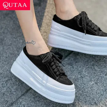 

QUTAA 2019 Women Shoes Platform Lace Up Spring/autumn Round Toe Cow Suede Women Pumps High Quality Women Pumps Size 34-39