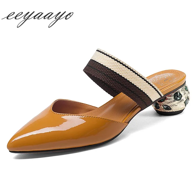 

2019 New Genuine Leather Summer Women Slippers Crystal Middle Heel Mules Sexy Ladies Women Cow Leather Shoes Outside Slides