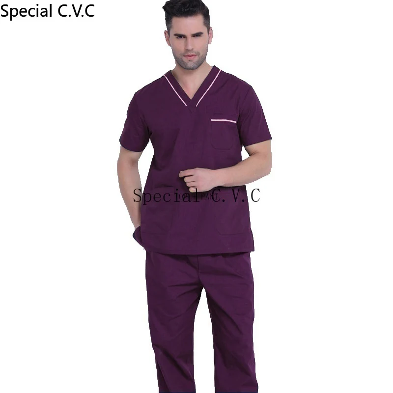 Men's Scrubs Set Pure Cotton Classic V-neck Top with Side Vent + Pants Nursing Uniform Doctor Clothing Surgery Workwear