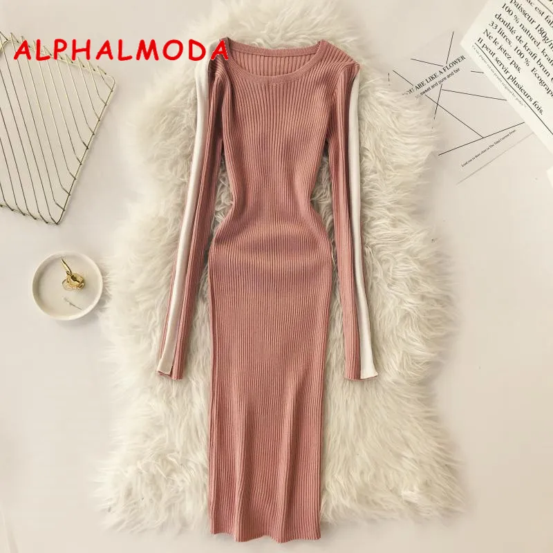Женское трикотажное платье ALPHALMODA белое Полосатое с длинным рукавом Повседневное
