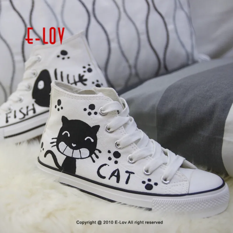 

E-LOV cat & fishbone Painting Designs Hand-Painted Canvas Shoes Personalized Adult Casual Shoes Cute Platform Shoes
