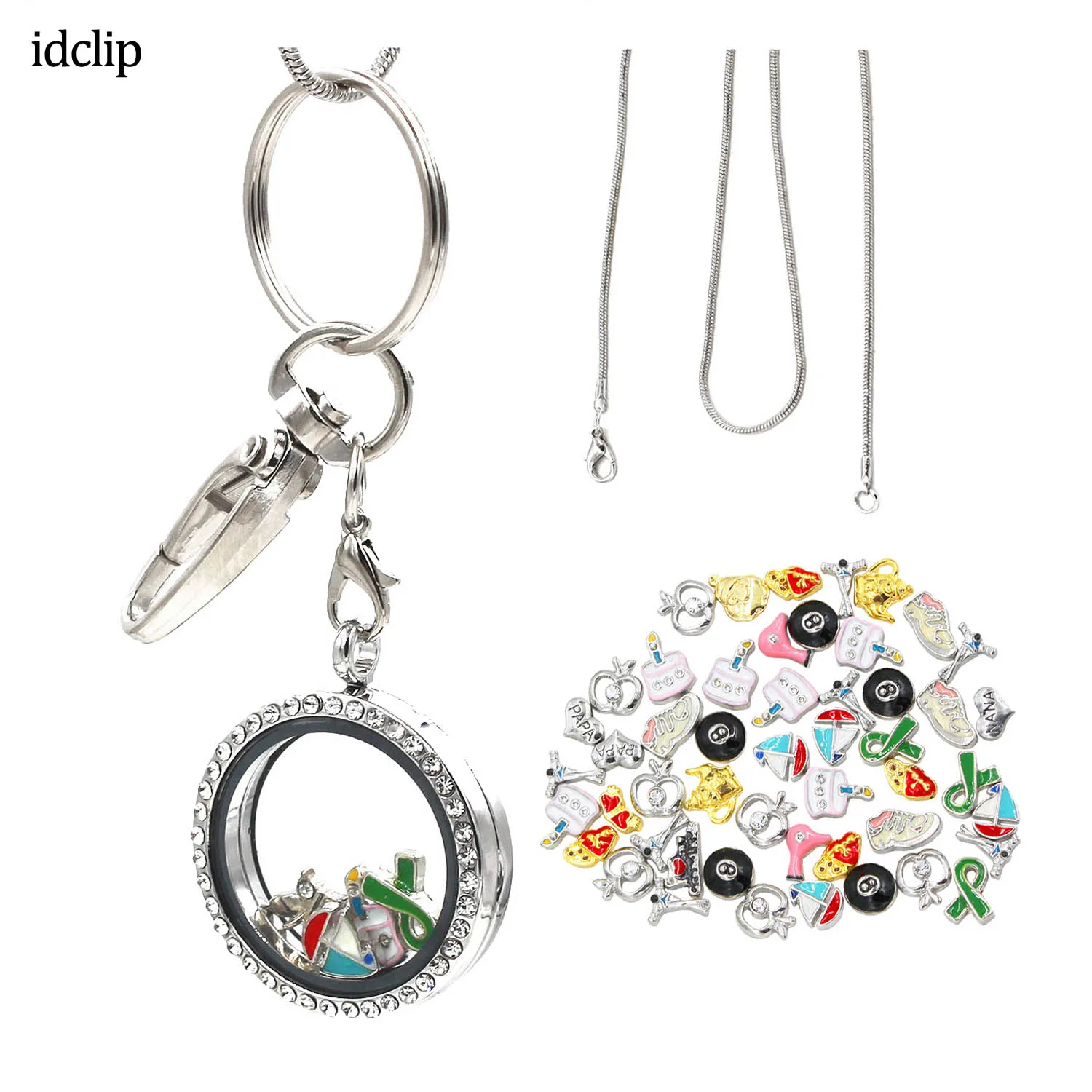 

idclip Floating Locket Lanyard id badge holder Glass Locket ID Badge Holder with 50pcs Floating Charms