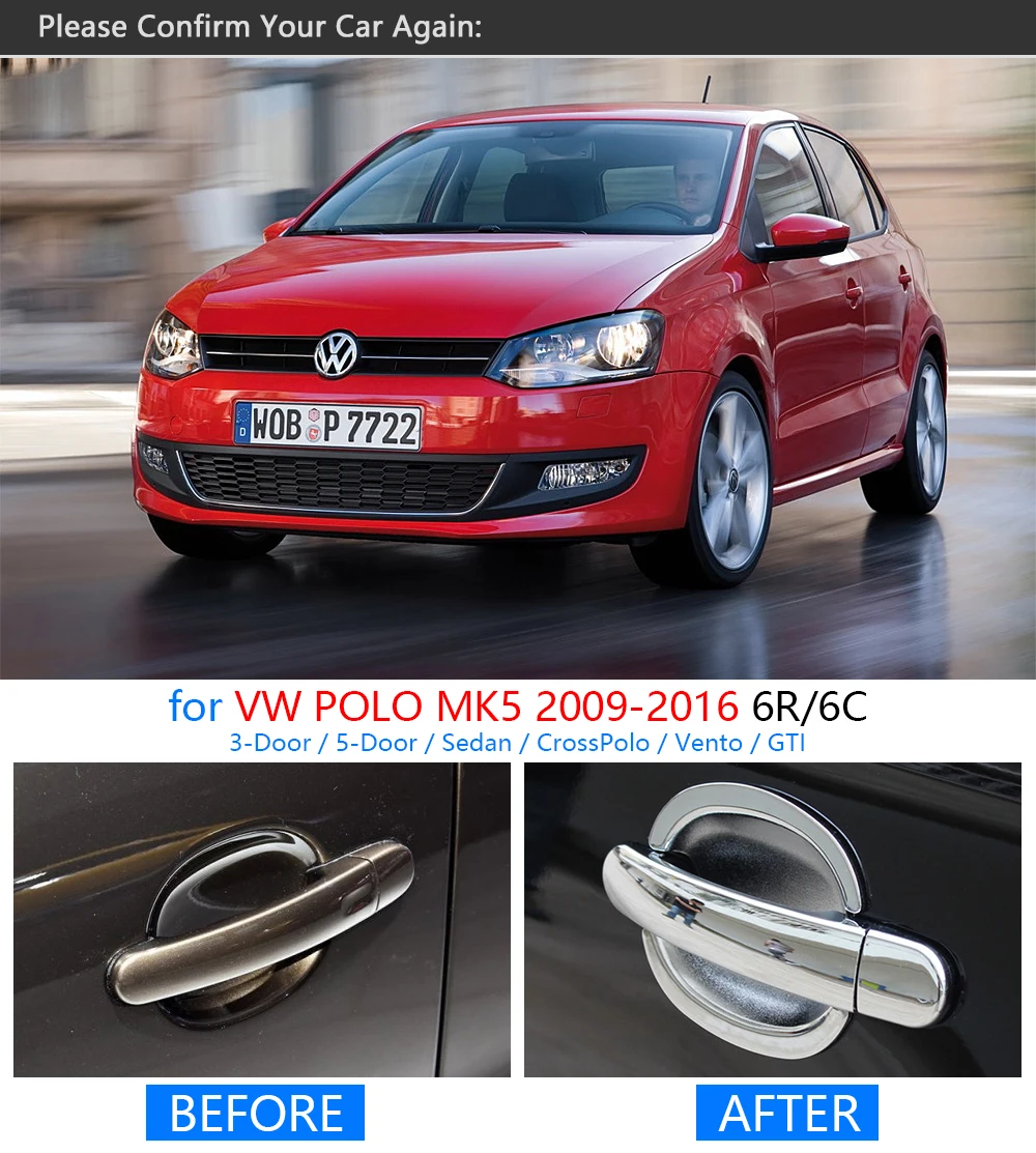 Для VW POLO Mk5 2009 2016 хромированные покрытия для дверных ручек Volkswagen 6R 6C CrossPolo Vento GTI