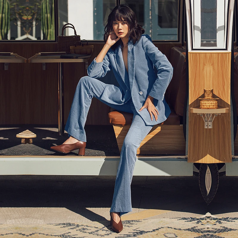 

VERRAGEE 2019 women Vintage Suits Spring Office Lady cotton blue formal clothes woman short coat +flare pants Suits