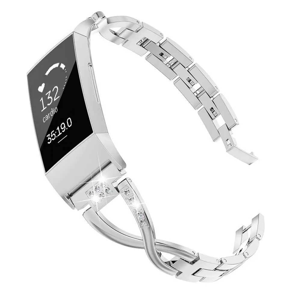

Compatible Fitbit Charge 3 Bands and Charge 3 SE for Women Metal Replacement Strap with Bling Rhinestone Bracelet Bangle