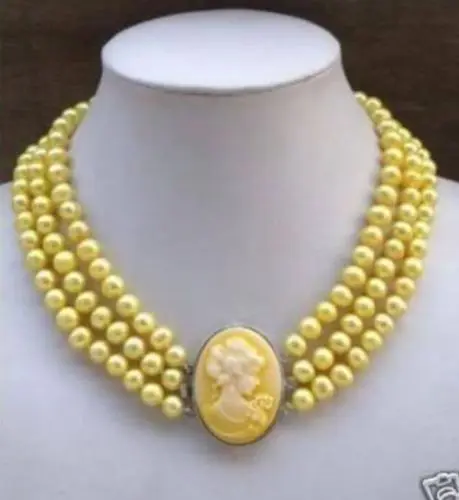 

Free shipping >>>>>3Row Yellow Pearl Necklace Cameo Beauty Clasp