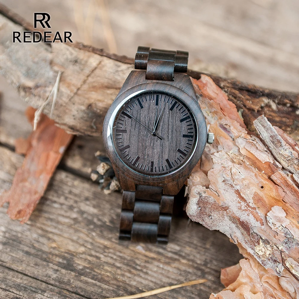

REDEAR Handmade Black Sandalwood Watches Lover's Watches Cool Nature Wood Quartz Automatic Watch in Gift Box To MEN