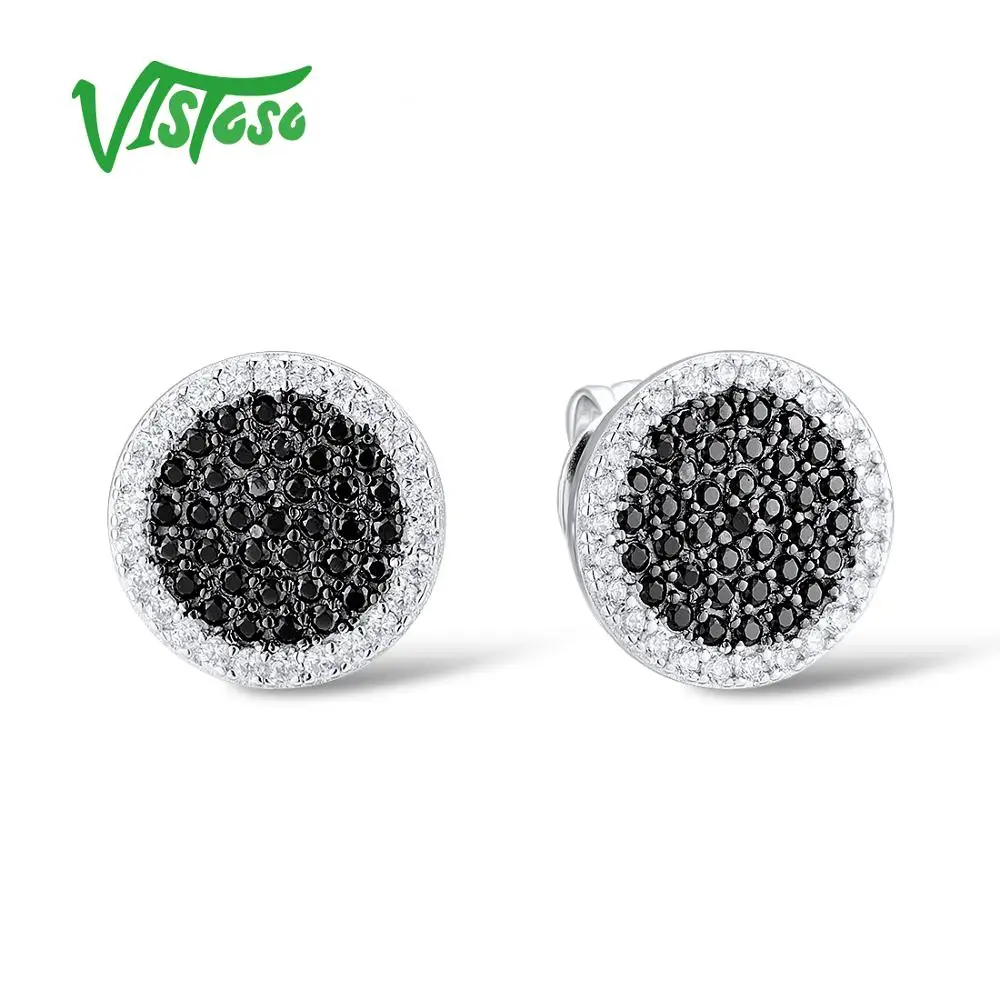 VISTOSO Sterling Silver Stud Earrings Fine Jewelry Black Spinel Round White Cubic Zircon Earrings 925 Sterling Silver For Women VISTOSO Sterling Silver Stud Earrings Fine Jewelry Black Spinel Round White Cubic Zircon Earrings 925 Sterling Silver For Women