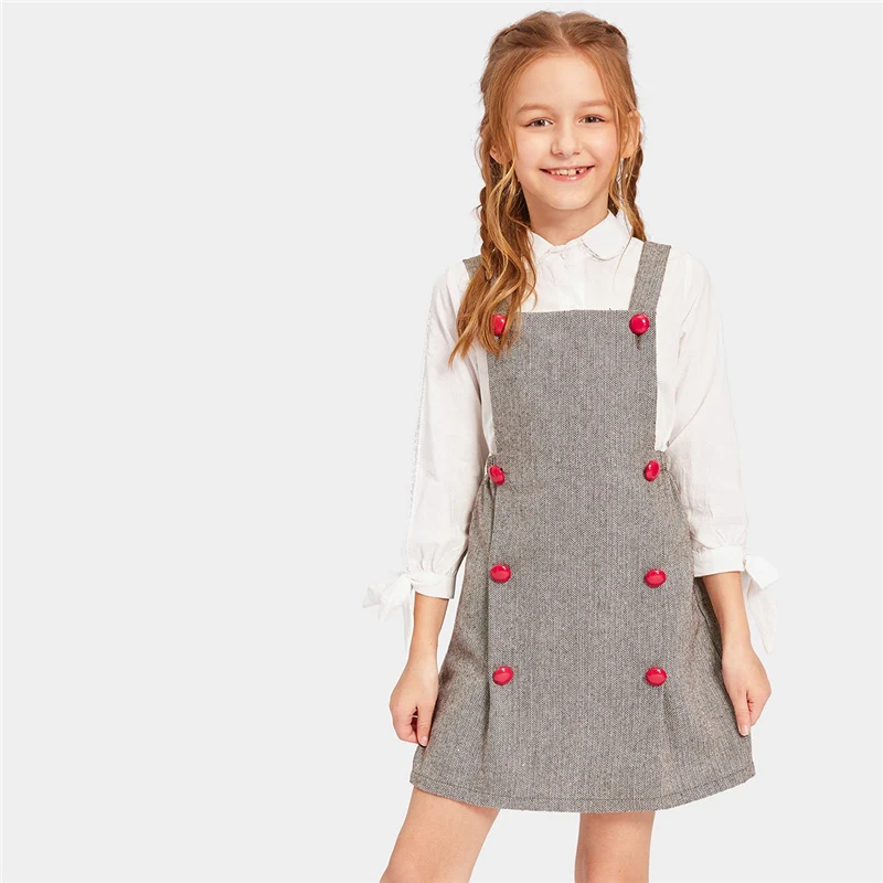 SHEIN Kiddie/серое платье с двумя пуговицами и узором в елочку; элегантное платье; Одежда для девочек; коллекция года; сезон весна; корейские Детские платья без рукавов