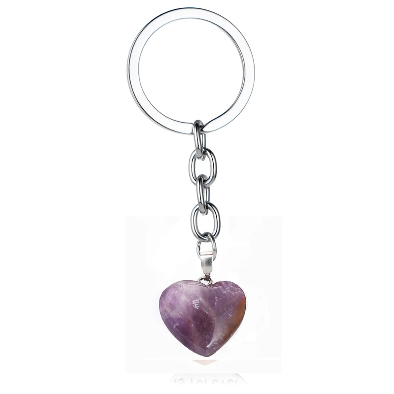 Природный сердце каменный брелок кристалл Кварцевый Целительный Камень Чакра Сердце Ключ Цепной брелок Свадебная вечеринка ювелирный подарок для возлюбленных - Цвет: Purple