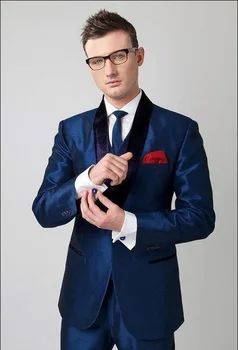 

New Arrival 2017 Yong Men's Suits Handmade Shinny Dark Blue Men Suits Blazer With Pants Black Satin Collar Marrige Homme Ternos
