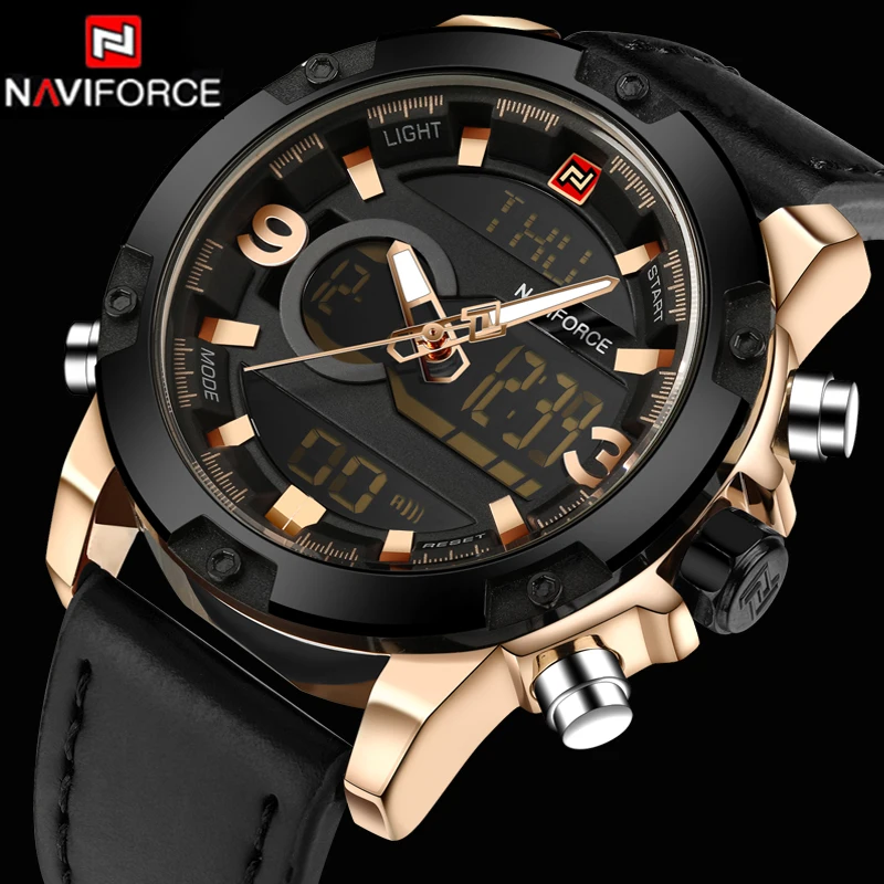 NAVIFORCE Men Watch Dual Time Zone Alarm LCD Sport Watch Mens Quartz