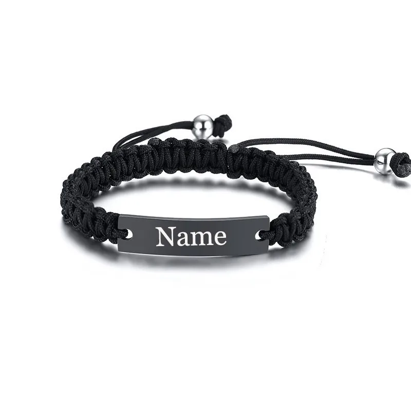 Free Custom Engraving Stainless Steel ID Nameplate Bracelets for Men Women Handmade Braided Rope Wrist Bangle Adjustable | Украшения и