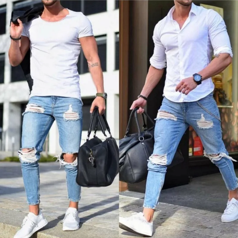 Dei Jeans degli uomini del Foro Sottile Casual Moda Giovanile Sportswear Pantaloni Dei Jeans Dei Piedi Pantaloni Elastici Skinny Jeans Uomo 3XL Skinny Jeans uomini