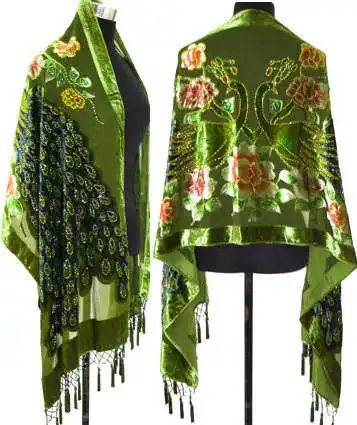 Армейский зеленый китайский женский бархатный Шелковый платок, народный тренд, вышитый бисером шарф, винтажный шарф с павлином, bufanda, хиджаб, Chal WS014 - Цвет: Green