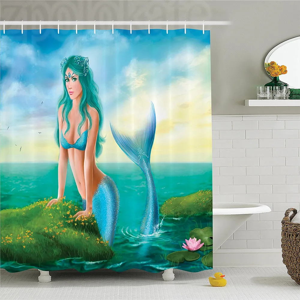 

Mermaid Fantasy Young Woman Mermaid in Sea Water Lilies Wildflowers Sunrise Cloudy Image Polyester Bathroom Shower Curtain Set w