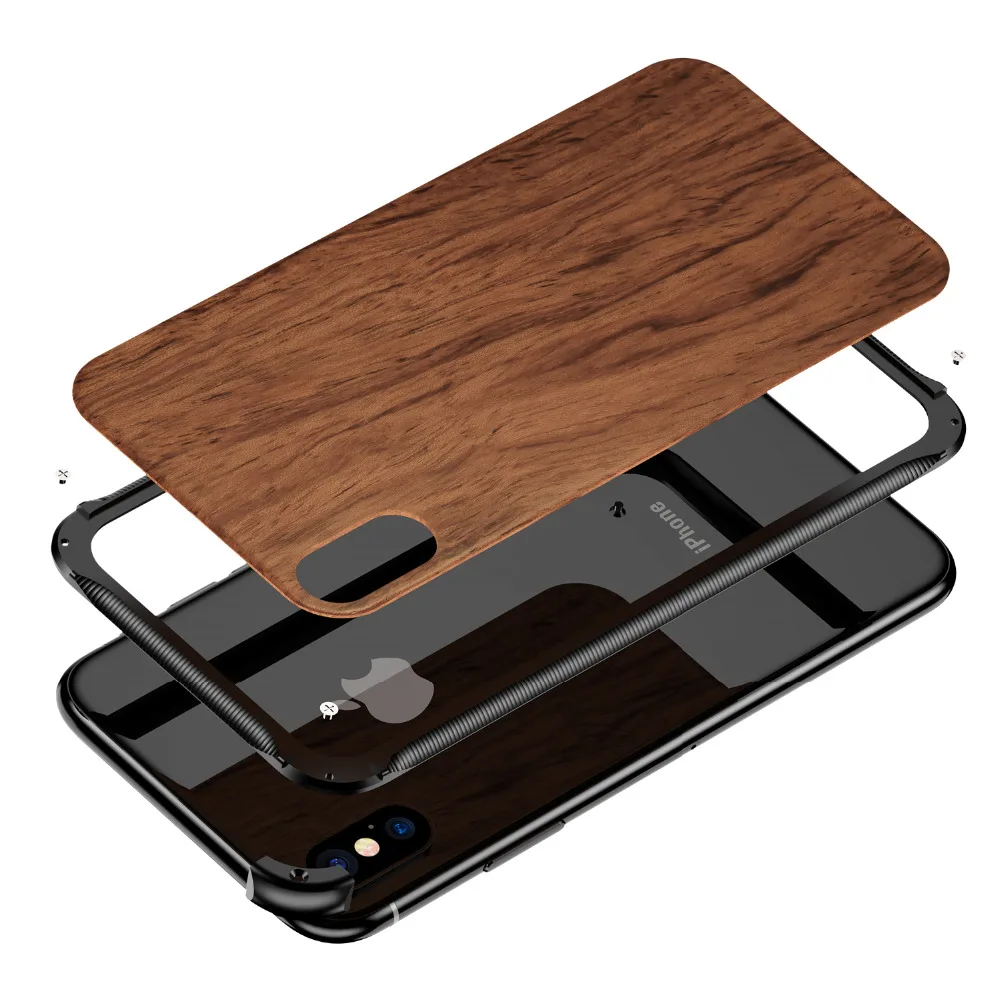 

Luxury Phone Case For iPhone X XR XS Max Aluminum Metal Frame+Natural Wood Armor Shockproof Back Cover For iPhone 7 8 Plus