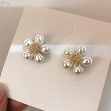 AOMU, новинка, Корея, модный дизайн, персональные жемчужины в форме цветка, бусины, серьги-гвоздики для женщин, украшения для отдыха