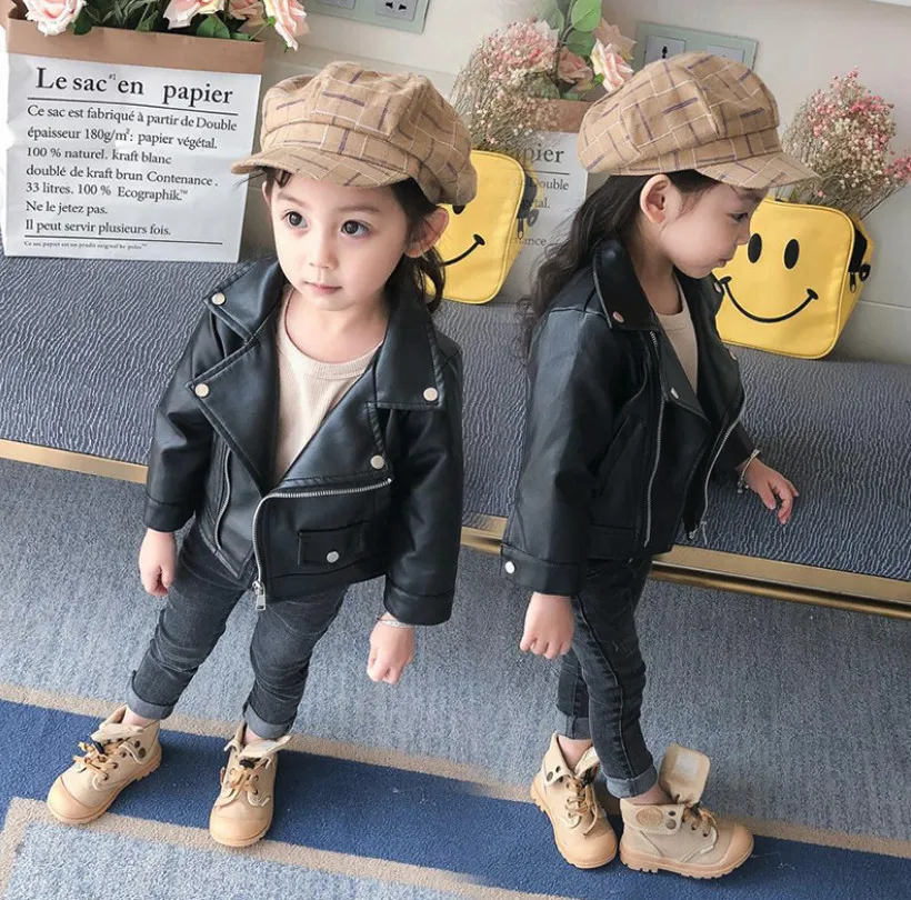 

Hot Baby Girls Clothes Long Sleeve Kids Jackets Fashion PU Leather Children Outwear Spring Casual Infant Motorcycle Coats Gifts
