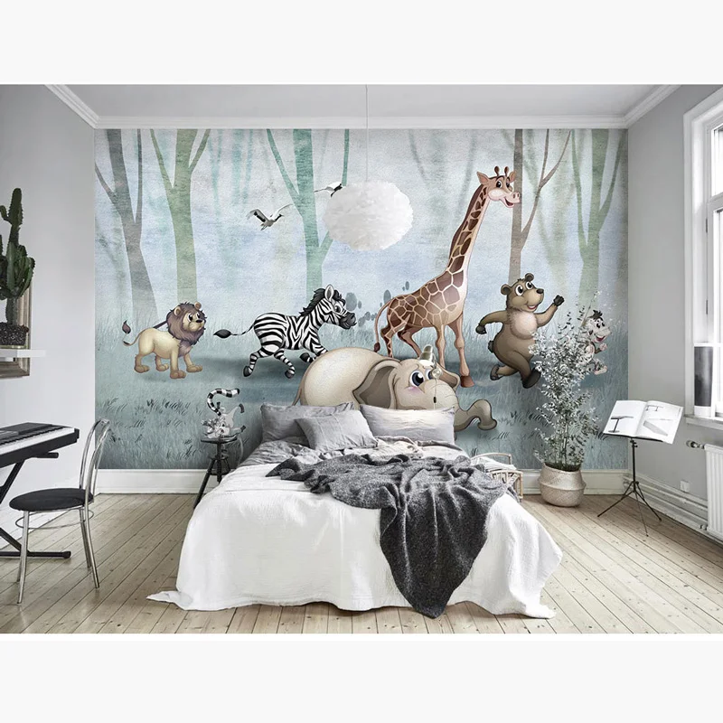 

Children's Room Wall Paper Stickers Cartoon Forest Animals Photo Wallpaper Mural Papier Peint Self Adhesive Vinyl/Silk Wallpaper