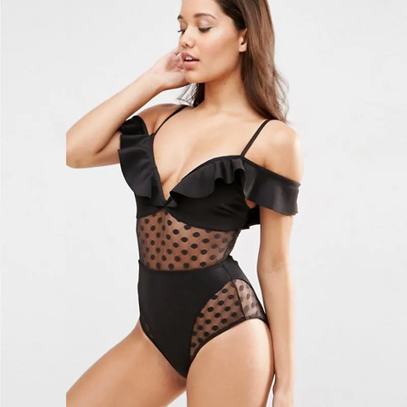 

Solid Black One Piece Swimsuit Women 2017 Sexy Flounced Off Shoulder Swimwear New Mesh Bathing Suit Plus Size XL Swimming Suit