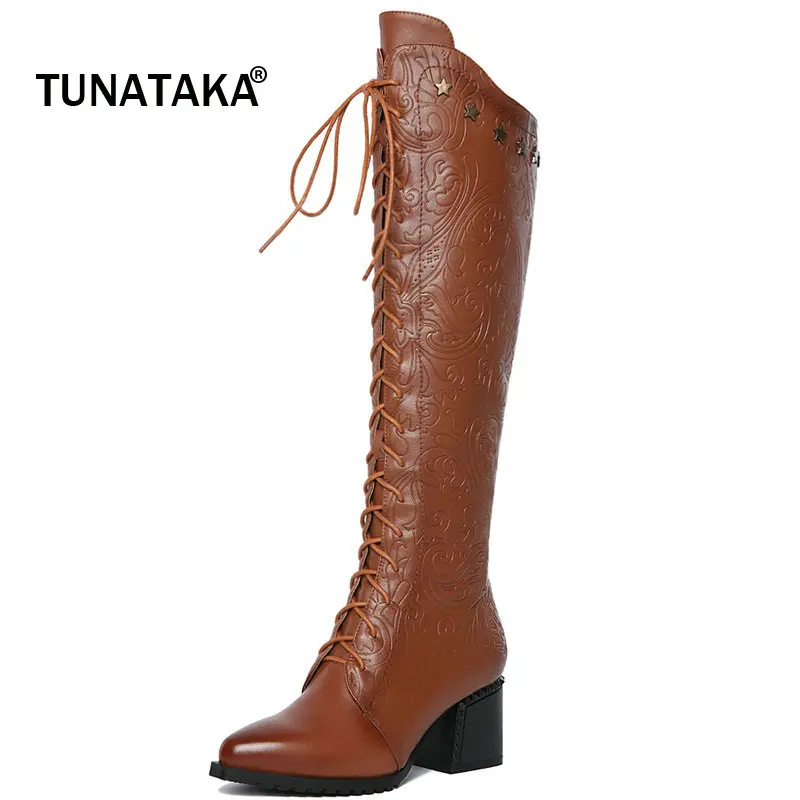 Cow Leather Boots Women Zipper Knee High Boots Fashion Lace Up Pointed Toe Thick Heel Ladies Shoes Autumn Winter Woman Boots Cow Leather Boots Women Zipper Knee High Boots Fashion Lace Up Pointed Toe Thick Heel Ladies Shoes Autumn Winter Woman Boots