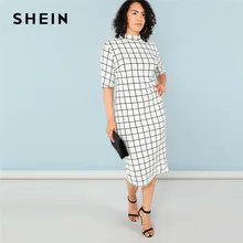 SHEIN элегантное клетчатое облегающее платье большого размера, длинное платье-карандаш для женщин, офисное платье с воротником-стойкой и сетчатым принтом, приталенное платье