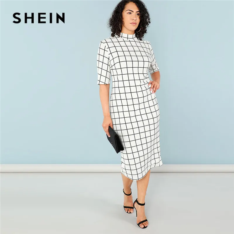 Goede SHEIN Elegante Plaid Bodycon Plus Size Lange Potlood Jurken Vrouwen 2018 Office Lady Stand Kraag Grid Print Slim Fit Jurk