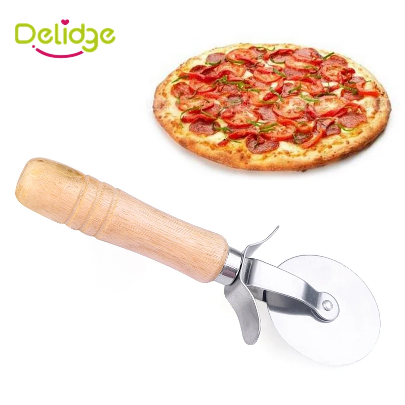 Delidge 1 pc Round Pizza Cutter Stainless Steel With Wooden Handle Pizza Knife Cutter Pastry Pasta Dough kitchen Baking Tools