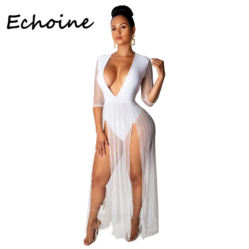 

Echoine Sexy Deep V-neck Sheer Mesh Dress High Split Half Sleeve See Through Beach Dress Vestidos Plus Size 2XL