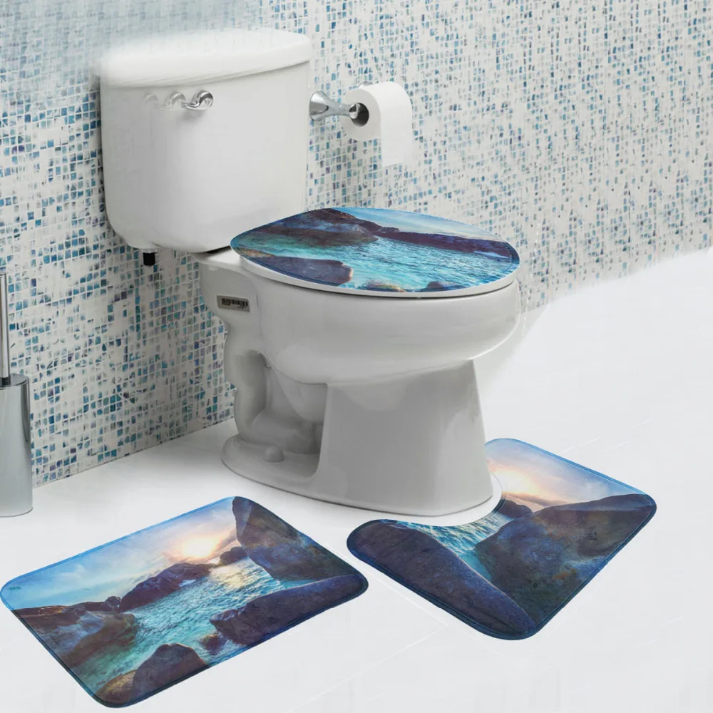 3pcs/set Fashion Bathroom Non slip Mat Waves and Sea Rock Sunrise
