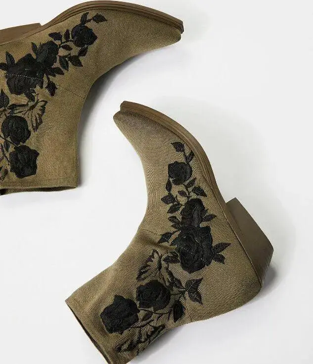 Dark Khaki Stretch Knit Women Pointed Toe Boots Black Embroidery Side Ladies Low Heel Boots Slip On Boot West Style Boot Size 42
