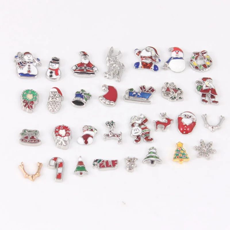 

Random Mix Christmas Charms Santa Claus Sled Tree Snowman Deer Snowflake Charms For Living Memory Glass Floating Lockets