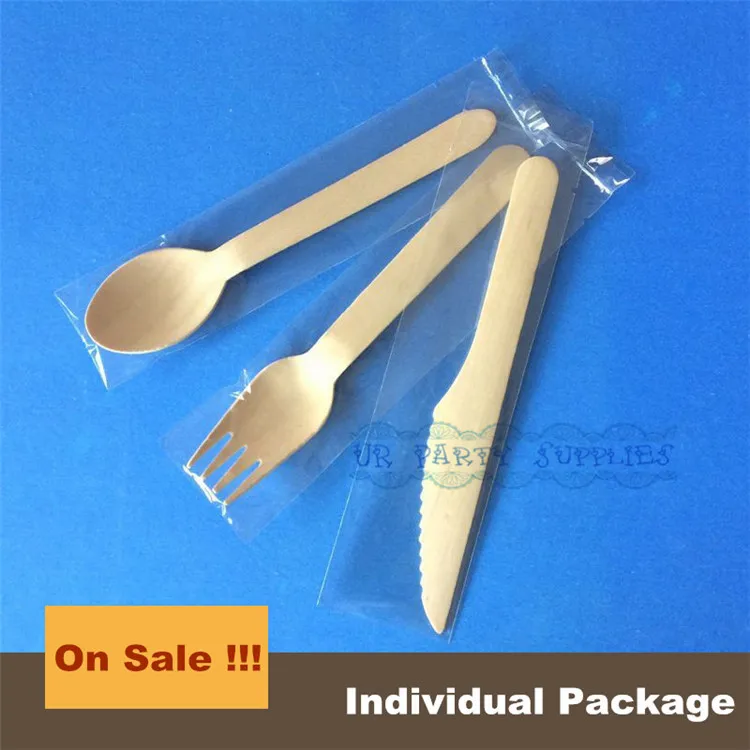 100 Sets Birch Wooden Disposable Cutlery Kit Napkin Sets Disposable