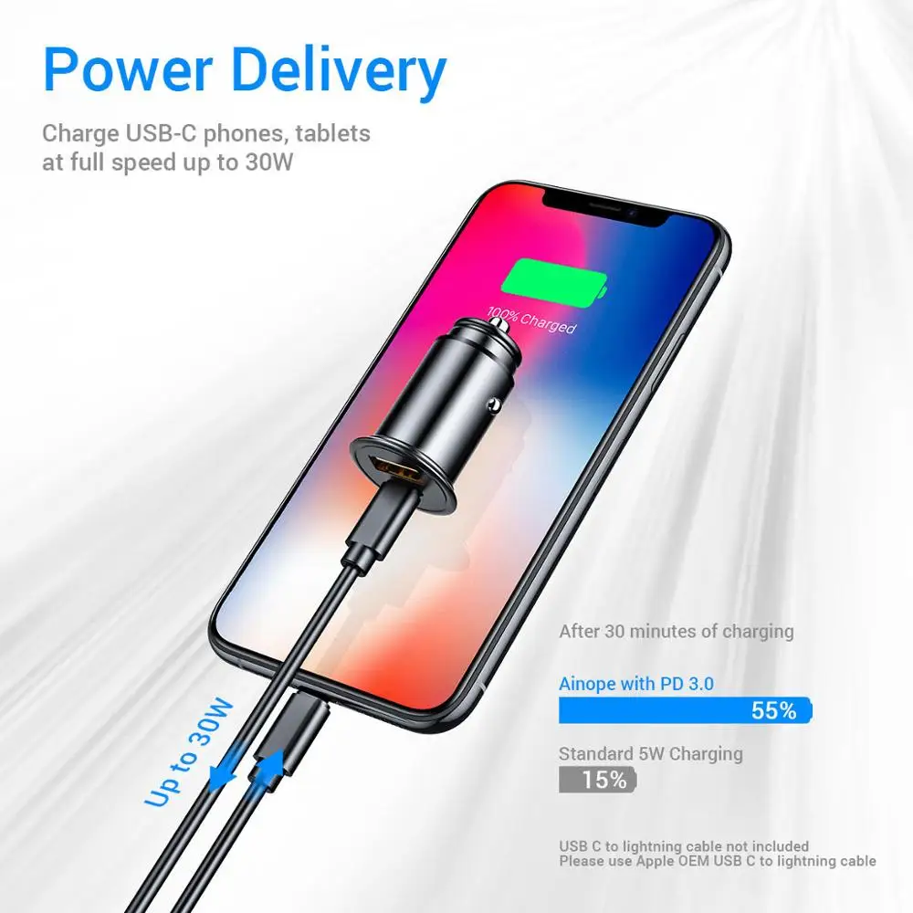 FIVI 30 Вт Dual USB C автомобильное зарядное устройство PD 3,0& QC 3,0 для iPhone X/Xs/Xr samsung huawei быстрое зарядное устройство USB PD type C автомобильное зарядное устройство для телефона