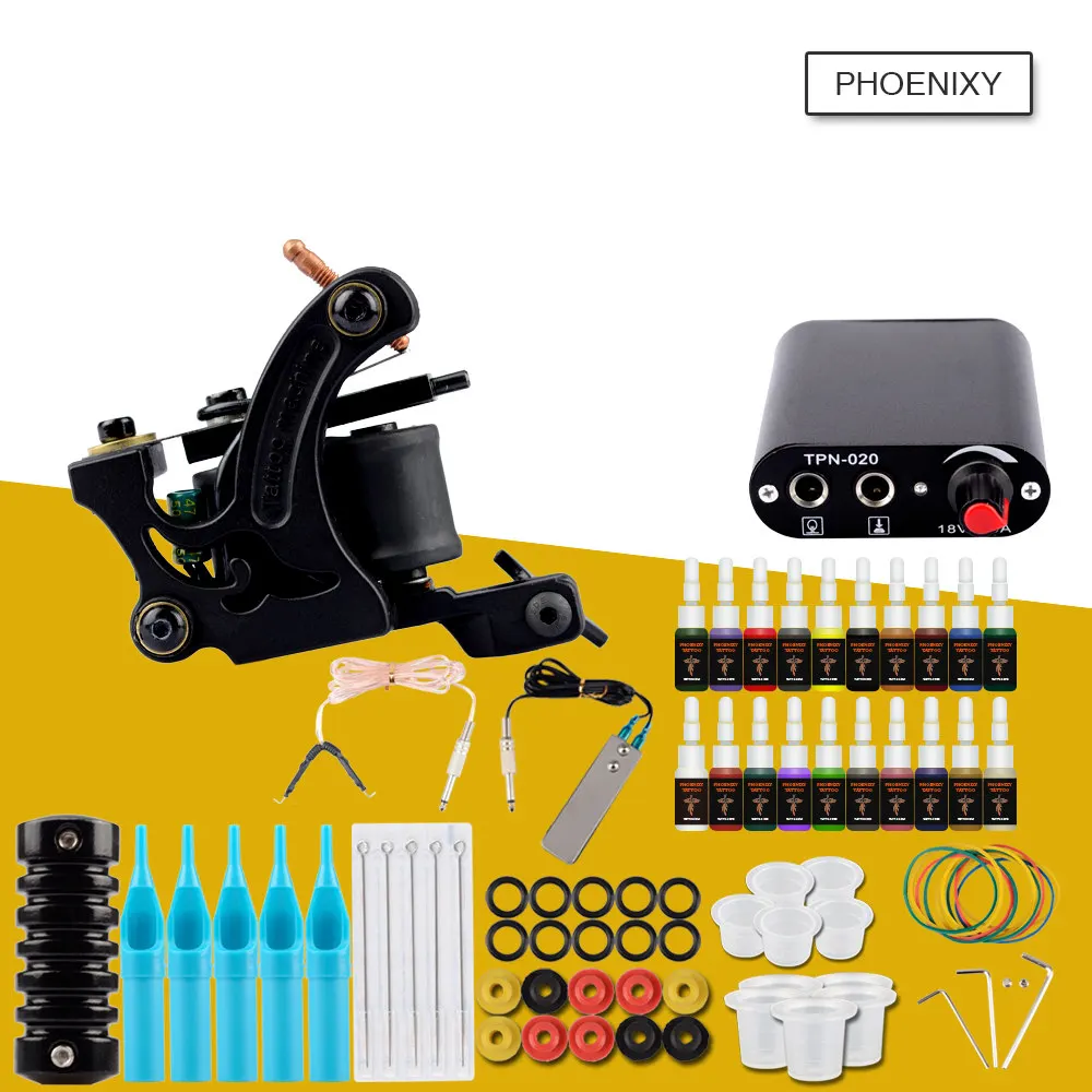 Beginner Tattoo Kit Machine Gun Black Tattoo Power Supply Set Inks