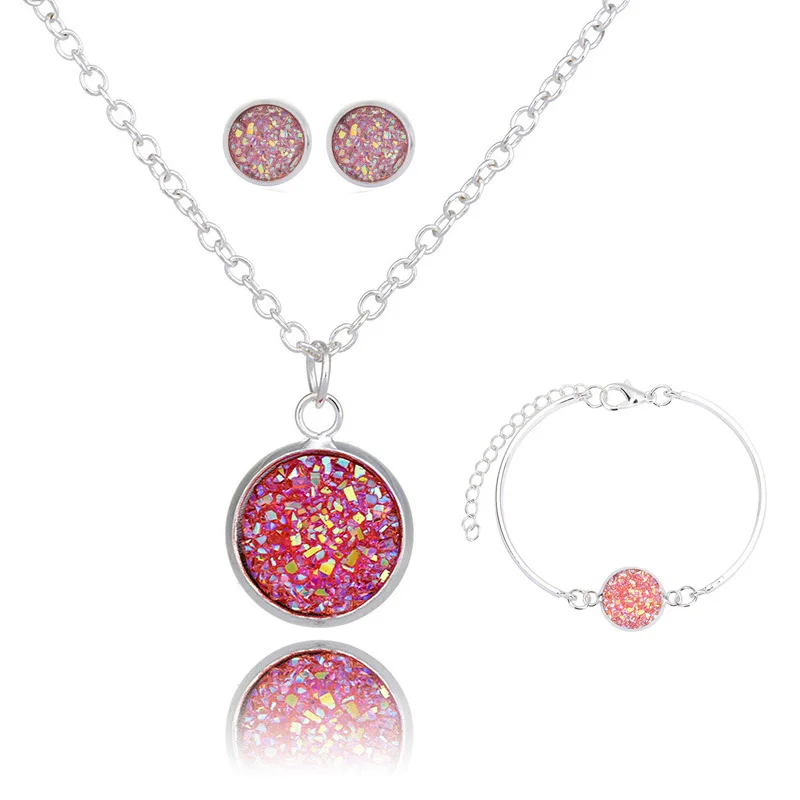 

Wedding Jewelry Set Silver Plated Necklace Earring & Bracelet Jewelry Set with Natural Druzy Stone Fish Scale Set for Women