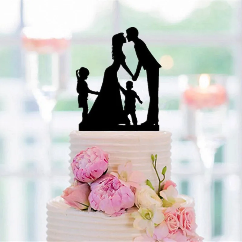 

Familly Wedding Cake Topper Bride and Groom with a Big Girl and a Little Boy Silhouette Topper Cake for Wedding Cake Accessory