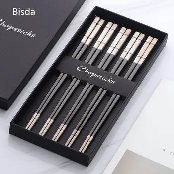 

5/10 Pairs Stainless Steel Chinese Chopsticks Black Sushi chopsitck Set With Box Laser Engraver Metal Chopstick 304 Gold