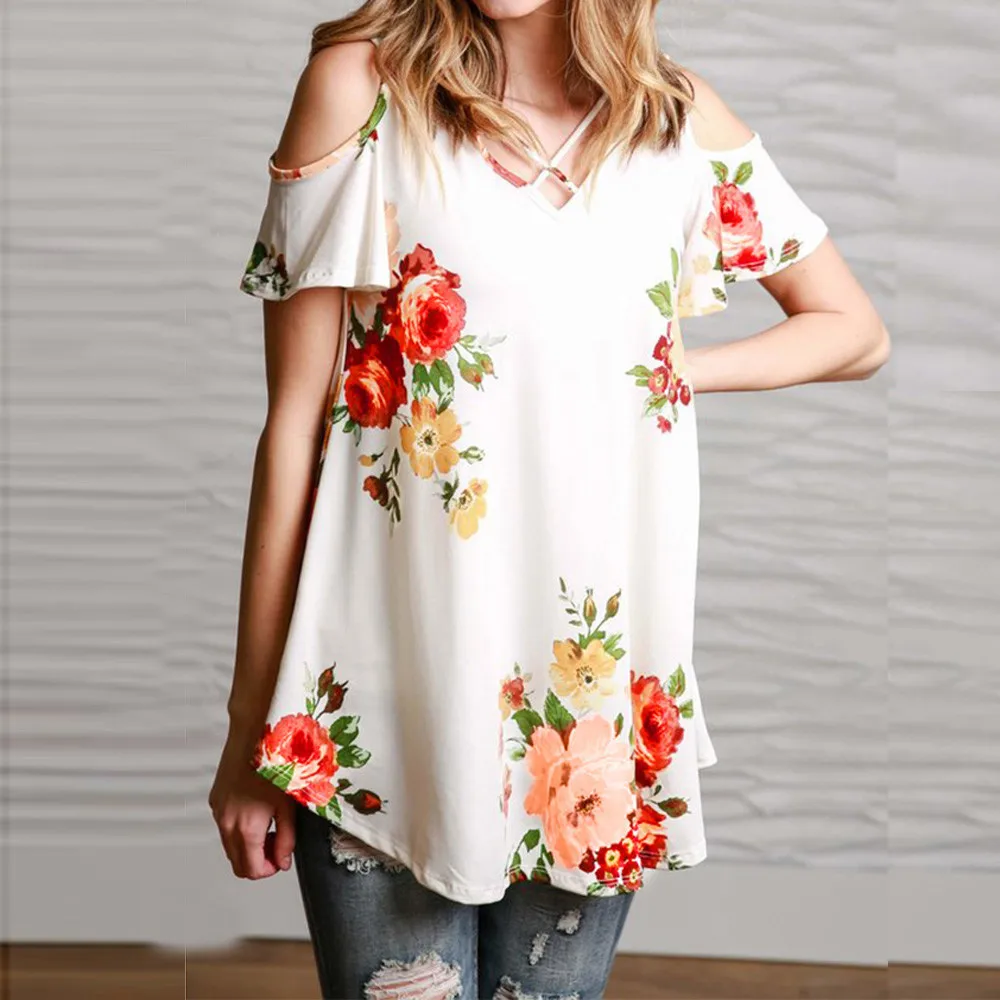 

S-5XL Plus Size Summer T-shirts Women's Clothing Boho Loose Tops Sexy Off Shoulder Flowers Print T-shirt Beach Casual Tees white