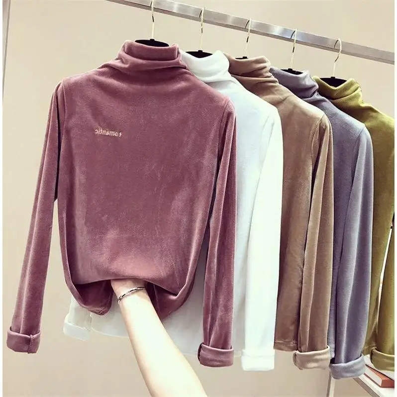 

new women shirts winter autumn velvet T shirts long sleeve pullovers turtleneck underwear soft tees warm female fashion tops