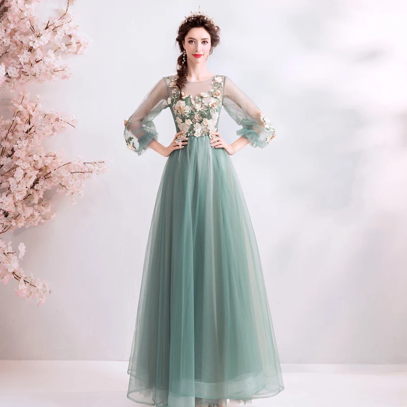 SSYFashion/Новинка; элегантное вечернее платье для банкета с длинными рукавами; Длина до пола; кружевное платье с вышитыми цветами; вечерние платья; Robe De Soiree