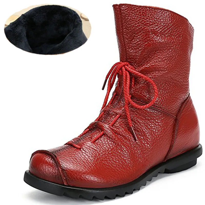 

Winter Ankle Boots Women Handmade Warm Fleeces Soft Genuine Leather Boots Lace Up Ladies Solid Botas Martin Boots Feminino Boot