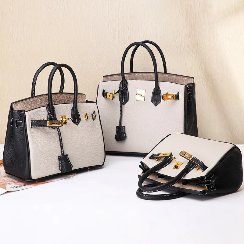 الكلاسيكية حقيبة للنساء الفاخرة عالية الجودة حقيقية جاكيت جلدي-مقبض حقيبة أناقة حقيبة كتف اليد لينة جلدية التباين اللون