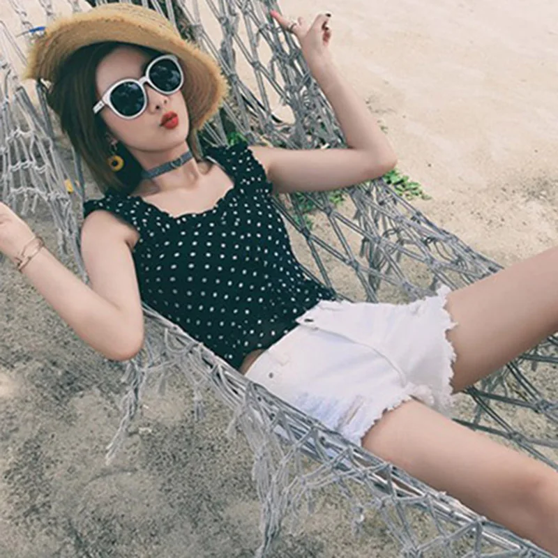

Sweet Women Summer Camis Female V Neck Sleeveless Dot Print Ruffles Chiffon Black Tank Tops Sexy Ladies Elastic Crop Tops