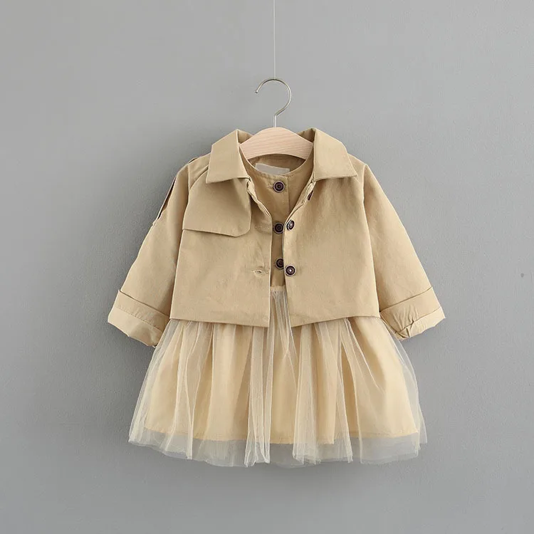 Г. Осенний Модный комплект одежды для маленьких девочек, Тренч, куртка+ Сетчатое трикотажное платье детский комплект, наряд принцессы, костюм высокое качество