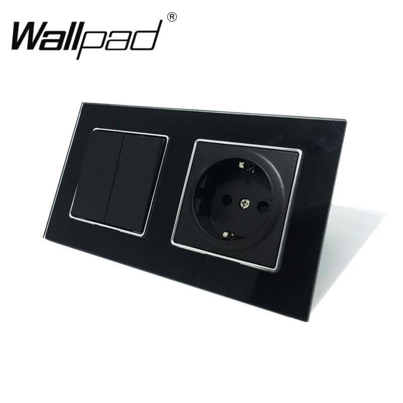 

2 Gang Switch and Socket Wallpad Black Glass Panel 2 Gang 1 Way Switch and Schuko EU Wall Power Socket with Haken Mount Back